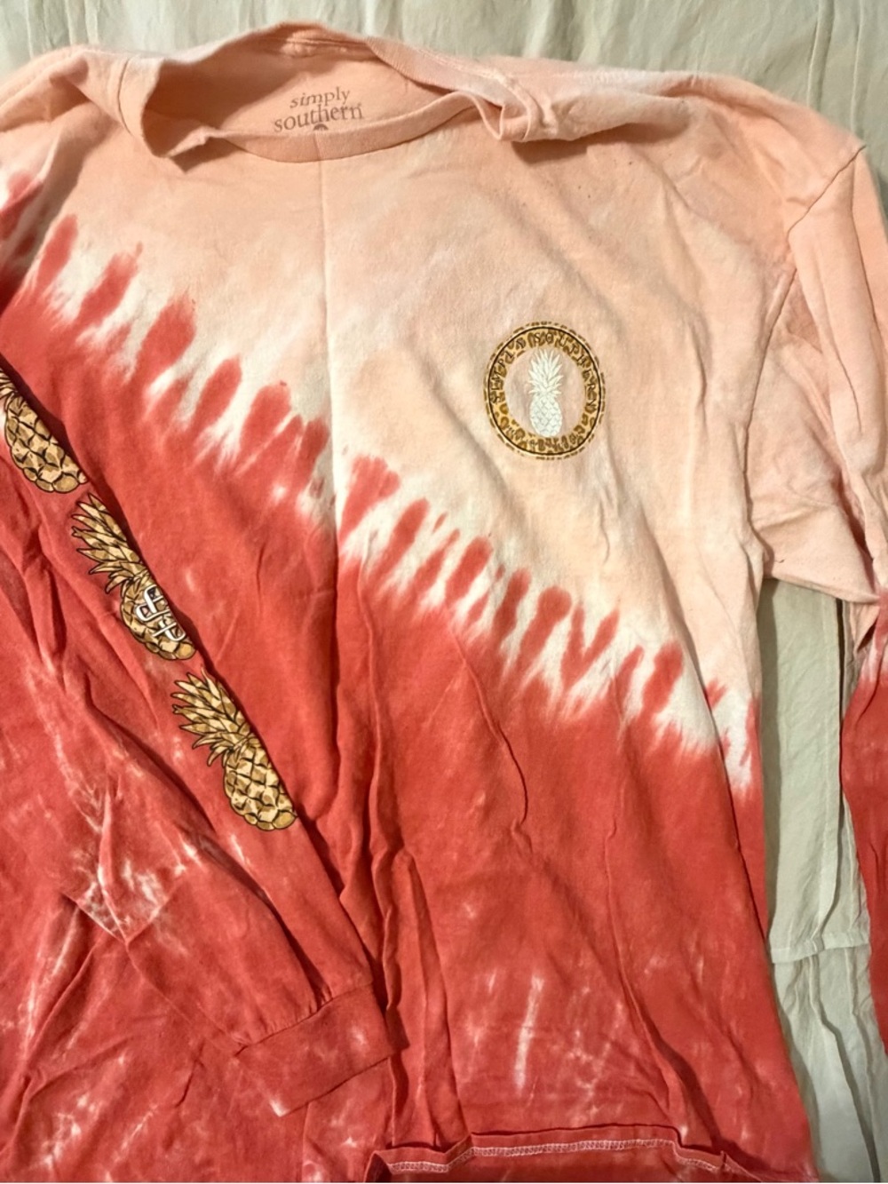 Simply Southern Pink and Coral Tie-Dye Long Sleeve Tee with Pineapple Motif